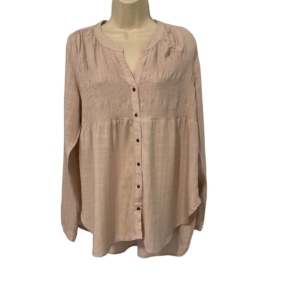 Target Blush Pink Smocked Button‎ Down Long Sleeve Rayon Blouse Top